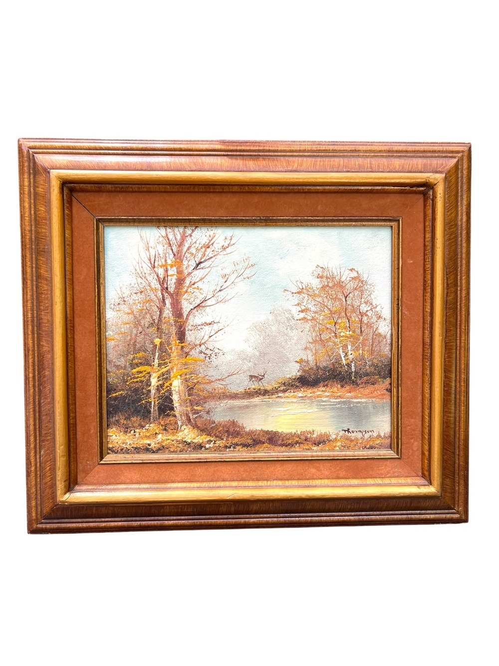 Vintage Autumn Woodland Deer Landscape Oil Painting Signed Thompson